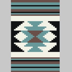 May include: Rectangular woven rug with a geometric design. The rug features horizontal stripes in teal, brown, and black at the top and bottom. The central design includes a black background with white and teal geometric shapes and a brown diamond shape.