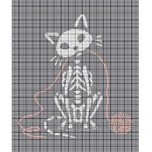May include: A white skeleton cat with a pink yarn ball and a pink yarn string. The cat is sitting on a grey grid background.