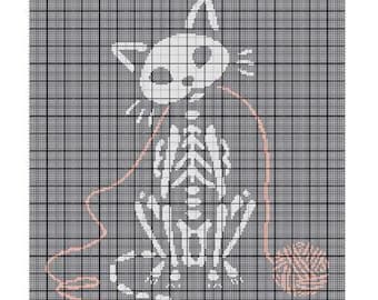 May include: A white skeleton cat with a pink yarn ball and a pink yarn string. The cat is sitting on a gray grid background.