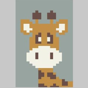 May include: Pixelated giraffe portrait in shades of brown, tan, and white against a gray background. The giraffe has large, square eyes and small, dark brown spots. The image is a simple, geometric design.
