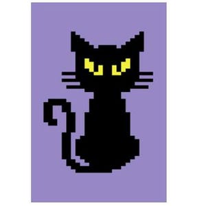 May include: A black pixel art cat with yellow eyes sitting on a purple background.