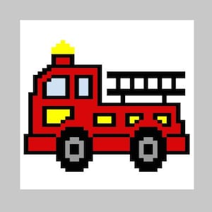 Puede incluir: Ilustración pixelada de un camión de bomberos rojo con ruedas negras y una escalera. El camión de bomberos tiene detalles amarillos y azules, y una luz amarilla en la parte superior. El diseño es simple y en bloques, de estilo retro.
