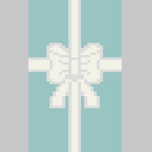 May include: A pixelated illustration of a gift box with a light blue background. A white ribbon is tied around the box, forming a bow at the center. The bow and ribbon have a pixelated design, adding a retro aesthetic.