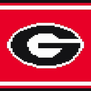 May include: A rectangular flag featuring a bold red background with a large, centred black letter G outlined in white. The top and bottom edges are decorated with horizontal stripes in white, black, and red, creating a distinct graphic pattern.