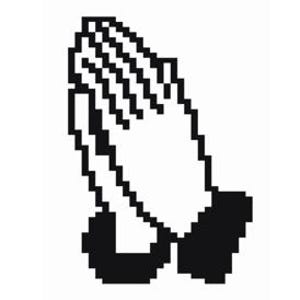 May include: A black and white pixelated image of two hands clasped together in a praying position.