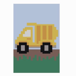 May include: A pixel art illustration of a yellow dump truck with black wheels, a light grey window, and a light grey bumper. The vehicle is positioned on a brown dirt path against a light blue sky, with a green grassy area at the bottom.