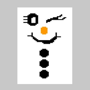 May include: A black and orange cartoon snowman with a winking eye and a smile. The snowman has three black buttons down the middle of its body.
