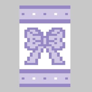 May include: A pixelated design featuring a light purple bow on a white background. The design is framed by light purple bands with small white and purple squares. The overall aesthetic is reminiscent of retro digital art.