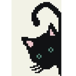 May include: A black cat with green eyes and pink ears is looking to the left. The cat's tail is curled up behind its head.