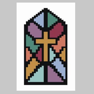 May include: A stained glass window with a cross in the center. The window is made up of different colored pieces of glass, including red, blue, green, and purple.