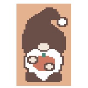 May include: A brown and white gnome holding a small orange pumpkin. The gnome is wearing a brown hat with a white pom-pom.