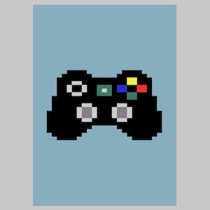 May include: A black pixelated video game controller with colorful buttons. The controller has a blue, yellow, red, and green button.