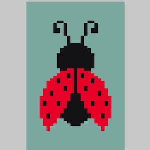 May include: A pixelated illustration of a ladybug. The ladybug has a black head and body, with red wings featuring black spots. The background is a solid teal color, and the image has a square format.
