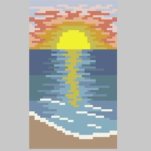 以下が含まれることがあります： 海に沈む夕日のピクセル化された画像。太陽は明るい黄色の円盤で、水面に金色の反射を映し出しています。空はオレンジ色から水色に変化します。海は青と緑の混合で、下部に砂浜があります。