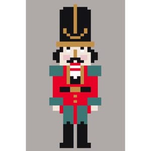 May include: A pixelated illustration of a toy soldier. The soldier is wearing a red and blue uniform with a black hat and gold trim. The soldier has a moustache and a serious expression.