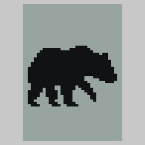 May include: A black silhouette of a bear walking on a light gray background.