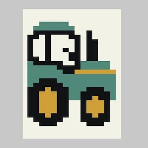 May include: A pixelated illustration of a teal tractor with black and gold wheels. The tractor has a black cab and a gold stripe along the side. The background is a light cream color.