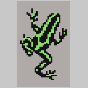 May include: A pixelated illustration of a frog in black and green against a grey background. The frog is depicted in a stylized, geometric form, with a pattern of green stripes on its body. The image has a retro, 8-bit aesthetic.