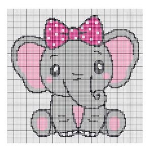 May include: A grey elephant with pink ears, a pink bow with white polka dots, and pink feet. The elephant is sitting down with its trunk curled up.