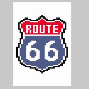 May include: Pixelated Route 66 sign with a red top section that reads "ROUTE" in white letters. The bottom section is blue with the white numbers "66". The sign has a black border and is set against a white background.