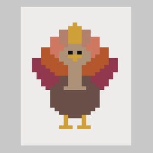 Puede incluir: Una ilustración pixelada de un pavo con un cuerpo marrón, plumas naranja y rojas y una corona amarilla.