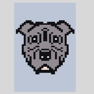 May include: Pixelated illustration of a gray dog's face with black outlines and details. The dog has a square snout, small white eyes, and a pink tongue. The background is a light blue rectangle.