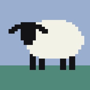 Könnte beinhalten: Ein schwarz-weißes, pixeliertes Schaf, das auf einem grünen Feld vor einem hellblauen Hintergrund steht.