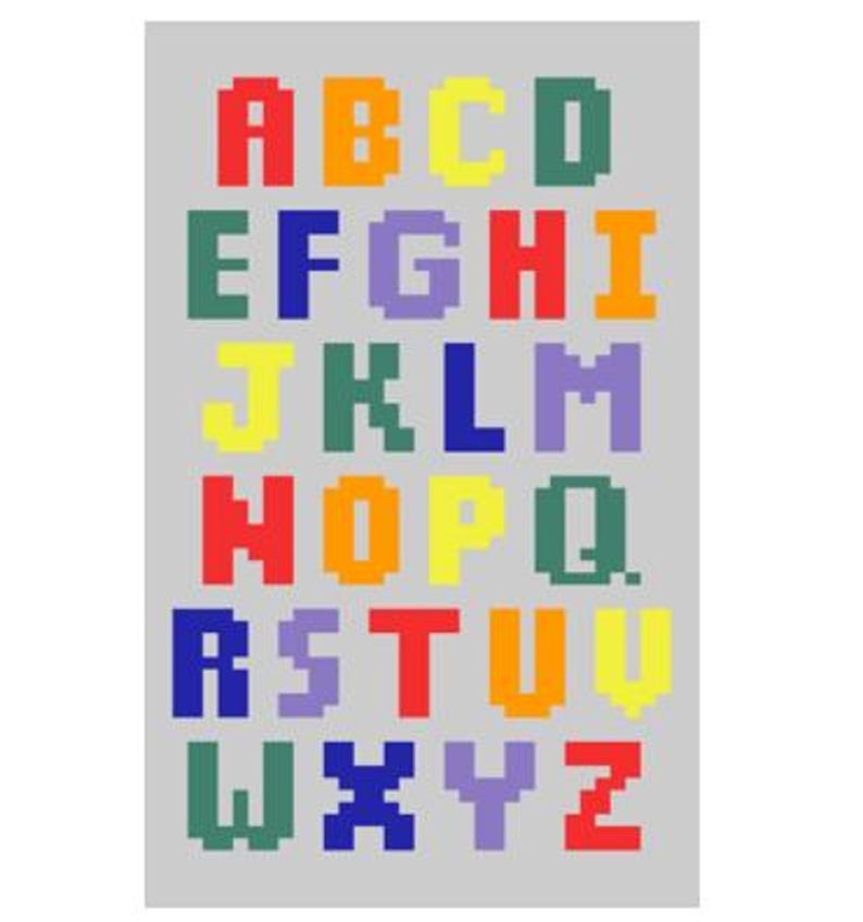 May include: A colorful alphabet chart with each letter in a different color. The letters are in a pixelated style, resembling a video game.