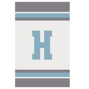 May include: A white banner with gray and light blue stripes. The letter "H" is in the center of the banner in a large, light blue font.