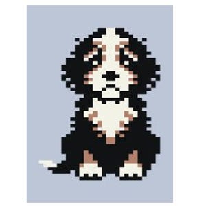 May include: A cartoon illustration of a Bernese Mountain Dog puppy sitting with its paws crossed. The puppy has black, white, and brown fur.