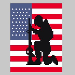 May include: A pixel art graphic featuring a black silhouette of a soldier kneeling and holding a rifle. The background consists of the American flag with horizontal red and white stripes and a blue canton containing white square pixel stars.