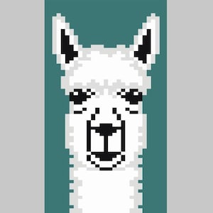 May include: Pixelated illustration of a white llama with black accents on a teal background. The llama has large, expressive eyes and a smiling mouth. The image is a digital art piece, likely for a print or design.