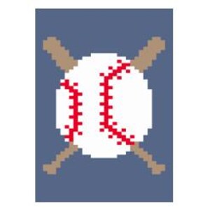 May include: Pixelated baseball with red stitching and two crossed wooden bats on a blue background. The baseball is white, and the bats are brown. This graphic is suitable for sports-themed designs.