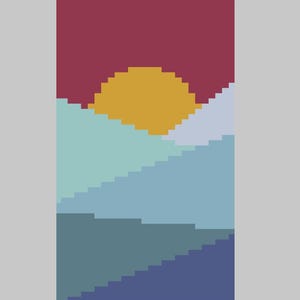 May include: Abstract pixel art depicting a sunset over a mountain range. The sky is a deep red, with a golden sun setting behind the mountains. The mountains are various shades of blue and green.