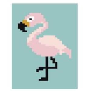May include: A pink flamingo with a black beak and yellow eyes stands on one leg on a light blue background.