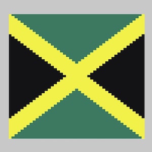 Puede incluir: Un diseño gráfico cuadrado que presenta la bandera de Jamaica en un estilo pixelado. La imagen muestra una cruz de San Andrés amarilla que se extiende hasta las esquinas, dividiendo el cuadrado en dos triángulos negros a los lados y dos triángulos verdes.