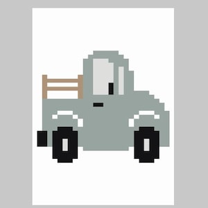 May include: Pixelated illustration of a light gray pickup truck with black wheels and a brown bed. The truck has a white windshield and a simple, blocky design, perfect for nursery decor or children's art.