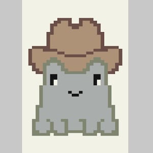 May include: Pixelated illustration of a gray frog wearing a brown cowboy hat. The frog has black eyes and a small smile. The background is a light beige color, and the image has a pixel art style.