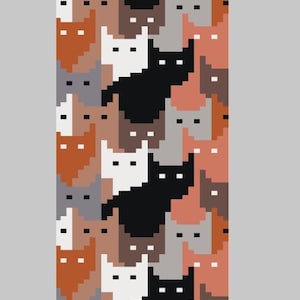 May include: A rectangular pattern featuring pixelated cat faces in various colors, including black, white, brown, and orange. The cats are arranged in a repeating vertical design, creating a playful and whimsical aesthetic. The background is a solid light gray.