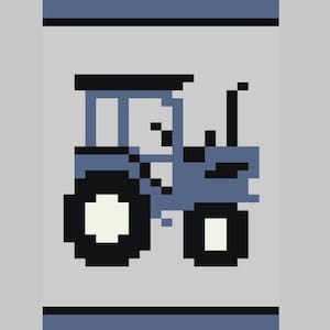 May include: A pixel art image of a blue tractor with black wheels and a white centre, on a light grey background. The tractor has a dark blue roof and is rendered in a blocky, simplified style.