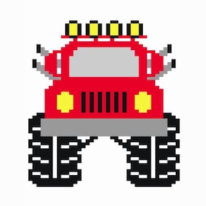 May include: Pixelated red monster truck illustration with black tires, yellow headlights, and a gray windshield. The truck has four yellow lights on top and is set against a white background.