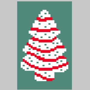 May include: A pixelated Christmas tree design. The tree is white with red ribbon-like stripes and small green dots, set against a teal background. The image has a retro, digital art style, perfect for holiday-themed products.