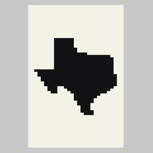 May include: A minimalist art print featuring a black pixelated outline of the state of Texas on a cream-colored background. The artwork is a simple, geometric representation of the state's shape, suitable for home decor.