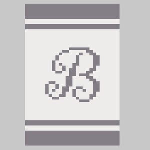 May include: A pixelated design featuring a large, stylized letter "B" in gray on a light gray background. The design is rectangular, with gray horizontal stripes at the top and bottom, creating a border.