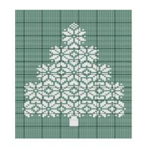 以下が含まれることがあります： 緑の格子柄の背景に白いクリスマスツリーのデザイン。木は雪片でできています。