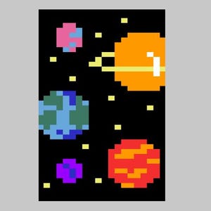 May include: Pixelated illustration of a space scene with planets and stars. The planets are various colors, including pink, blue, red, and purple, set against a black background. The sun is orange with yellow rings.