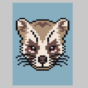 May include: Pixelated illustration of a raccoon's face. The raccoon has brown and tan fur with a white mask and dark eyes. The background is a light blue color.