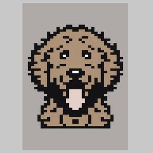 Peut inclure: Illustration de pixel art d'un chien brun avec la langue qui pend. Le chien a un nez noir et des yeux noirs.