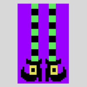 May include: Pixelated illustration of witch legs and feet. The legs are striped with alternating black and green squares. The feet are black with yellow buckles, set against a purple background.