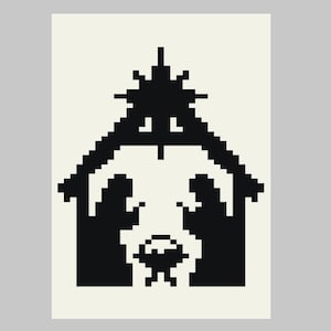 May include: Black and white silhouette of the nativity scene with Mary, Joseph, and baby Jesus in a manger. The scene is set in a simple barn with a star above.